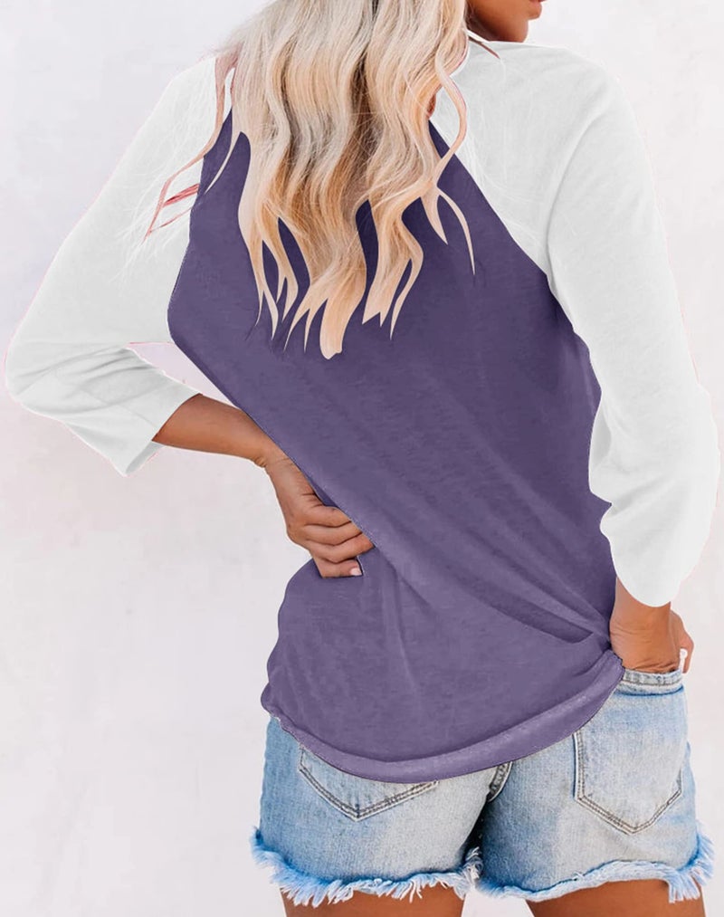 Bingerlily Women's Casual T-Shirts 3/4 Sleeve Color Block Cute Tops Comfy Blouses (Purple,XX-Large) - Image 3